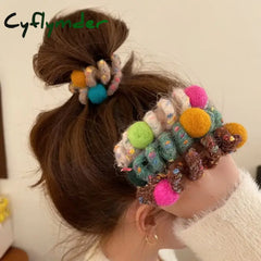 Cyflymder 6Pcs/set Telephone Wire Elastic Hair Rubber Bands Wool Spiral Hair Ties Rings Women Plush Ball Ponytail