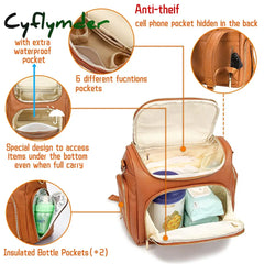 Cyflymder 7-In-1 Baby Diaper Bag Solid Pu Leather Mummy Maternity Large Capacity Travel Back Pack