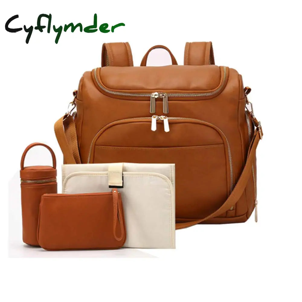 Cyflymder 7-In-1 Baby Diaper Bag Solid Pu Leather Mummy Maternity Large Capacity Travel Back Pack