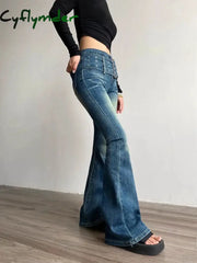 Cyflymder 90s Retro Black Blue Belt Flare Jeans for Women Distressed Bootcut Pants High Waist Slim Fit Bell Bottoms Y2k