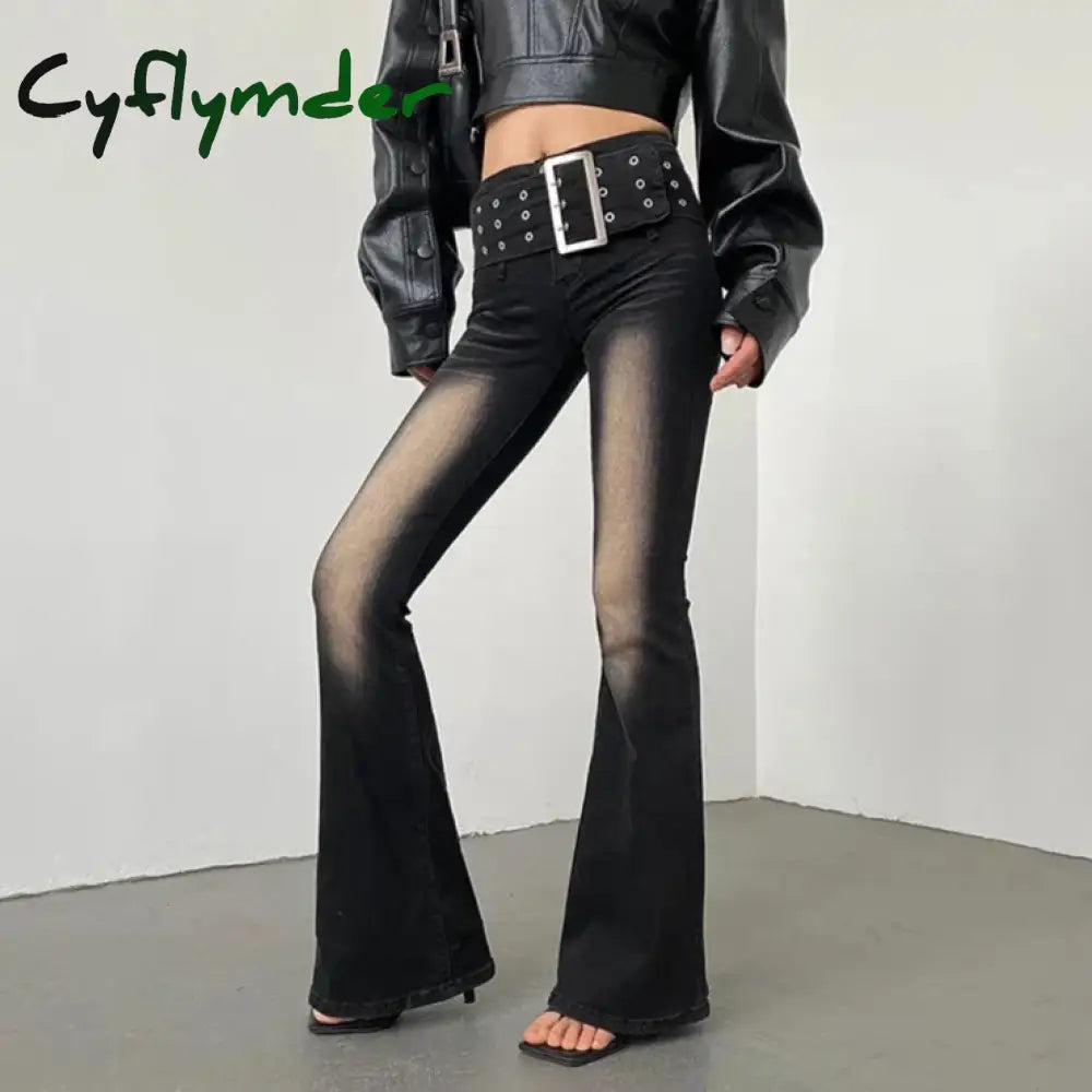 Cyflymder 90s Retro Black Blue Belt Flare Jeans for Women Distressed Bootcut Pants High Waist Slim Fit Bell Bottoms Y2k