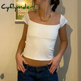 90s Vinatge Women's Crop T-Shirt Casual Slim Fit Off Shoulder Backless Cap Sleeve Solid Color Tops for Summer Streetwear