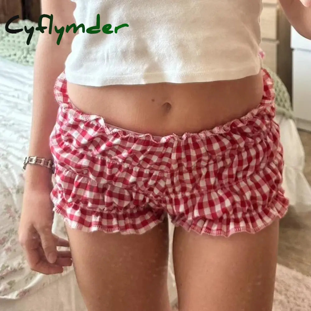 90s Vintage Cottage Plaid Shorts Elastic Slim Fit Bloomers Pants Women Kawaii Loungewear Fairy Retro Y2K Cute Knickers Bottom