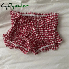 Cyflymder 90S Vintage Cottage Plaid Shorts Elastic Slim Fit Bloomers Pants Women Kawaii Loungewear