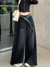 American Black Loose Denim Flare Pants Full Length Vintage Wide Leg Y2k Jeans High Waist Women Ruched Trousers Grunge