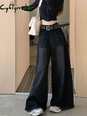 Cyflymder American Black Loose Denim Flare Pants Full Length Vintage Wide Leg Y2K Jeans High Waist