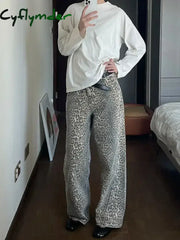 American Leopard Wash Jeans Women Y2K Vintage Stacked Jeans Beige High Street Oversized High Waist Straight Jeans Baggy