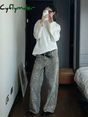 Cyflymder American Leopard Wash Jeans Women Y2K Vintage Stacked Beige High Street Oversized Waist