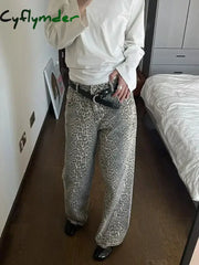 Cyflymder American Leopard Wash Jeans Women Y2K Vintage Stacked Beige High Street Oversized Waist