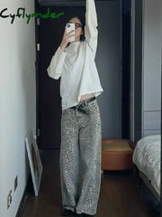 Cyflymder American Leopard Wash Jeans Women Y2K Vintage Stacked Beige High Street Oversized Waist