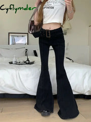 Cyflymder American Retro Flare Jeans Low Waist E-girl Slim Bandage Bottoms Women Fashion Black Cotton Denim Pant