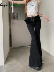 Cyflymder American Retro Flare Jeans Low Waist E-girl Slim Bandage Bottoms Women Fashion Black Cotton Denim Pant