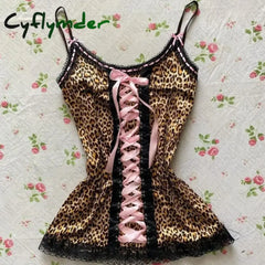 Cyflymder American Retro Punk Rock Hip Hop Harajuku Y2K Women’s Camisole Top Sexy Slim Chic Lace Bow Leopard Crop Top