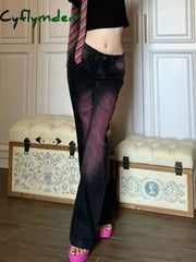 Cyflymder American Retro Tie Dyed Purple Pink Flared Jeans for Women Summer New Straight Trousers Y2k E-Girl