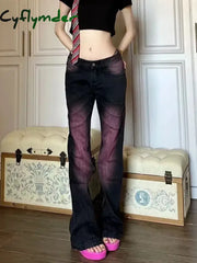 Cyflymder American Retro Tie Dyed Purple Pink Flared Jeans for Women Summer New Straight Trousers Y2k E-Girl