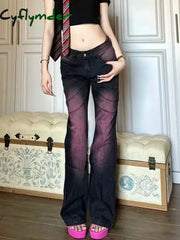 Cyflymder American Retro Tie Dyed Purple Pink Flared Jeans for Women Summer New Straight Trousers Y2k E-Girl