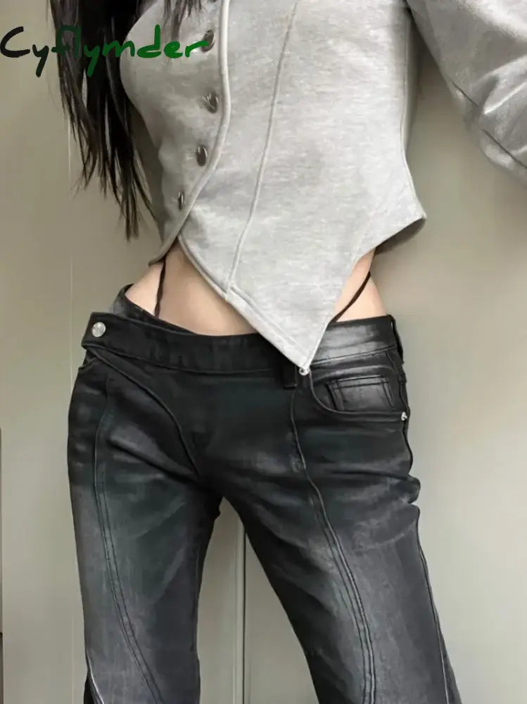 Cyflymder American Street Low-waisted Flare Pants Black Gray Gradient Denim Trousers Y2k Vintage Washed Straight Wide