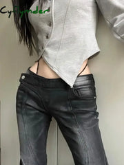 Cyflymder American Street Low-waisted Flare Pants Black Gray Gradient Denim Trousers Y2k Vintage Washed Straight Wide