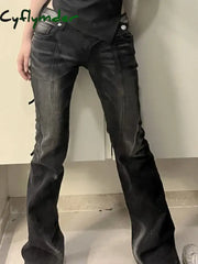 Cyflymder American Street Low-waisted Flare Pants Black Gray Gradient Denim Trousers Y2k Vintage Washed Straight Wide