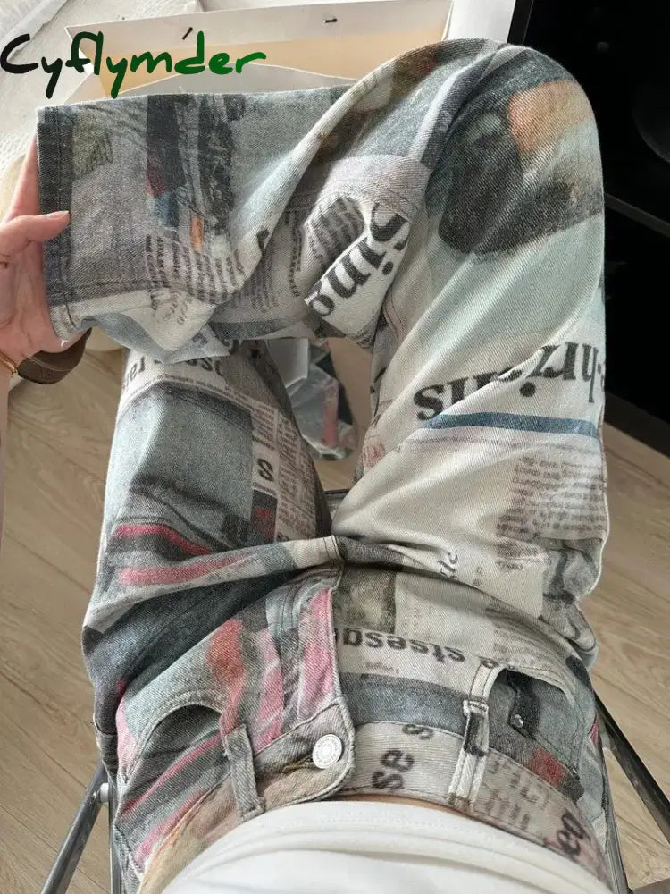 Cyflymder American Style High Street Personalized Printed Newspaper Jeans for Men and Women Summer Straight Tube Loose