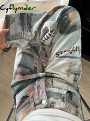 Cyflymder American Style High Street Personalized Printed Newspaper Jeans for Men and Women Summer Straight Tube Loose