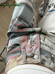 Cyflymder American Style High Street Personalized Printed Newspaper Jeans for Men and Women Summer Straight Tube Loose