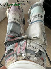 Cyflymder American Style High Street Personalized Printed Newspaper Jeans for Men and Women Summer Straight Tube Loose