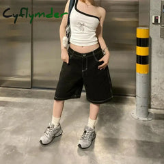 Cyflymder American Vintage High Waist Black Y2K Wide Leg Jeans Women’s Casual 2000S Shorts Baggy