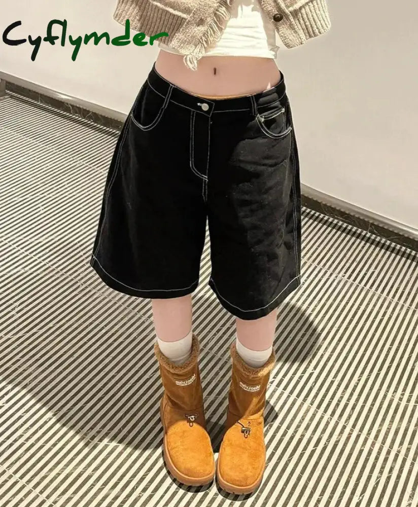 American Vintage High Waist Black Y2K Wide Leg Jeans Women's Casual 2000s Shorts Baggy Grunge High Street Washed Denim Shorts