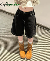 American Vintage High Waist Black Y2K Wide Leg Jeans Women's Casual 2000s Shorts Baggy Grunge High Street Washed Denim Shorts