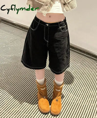 American Vintage High Waist Black Y2K Wide Leg Jeans Women's Casual 2000s Shorts Baggy Grunge High Street Washed Denim Shorts
