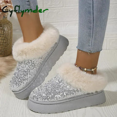 Cyflymder Ankle Snow Boots Women Winter New Fashion Shiny Fur Short Plush Warm Flats Slippers Platform Shoes Indoor