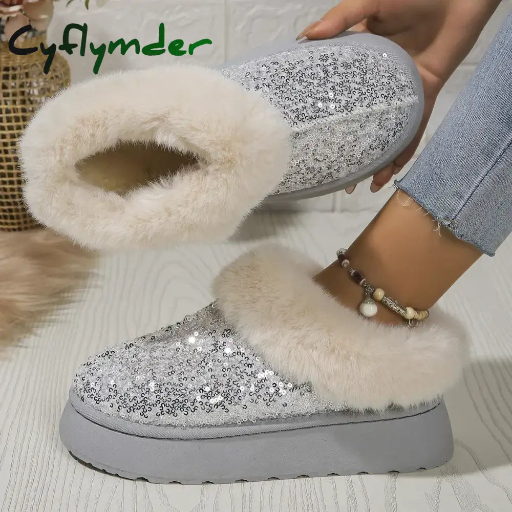 Cyflymder Ankle Snow Boots Women Winter New Fashion Shiny Fur Short Plush Warm Flats Slippers Platform Shoes Indoor