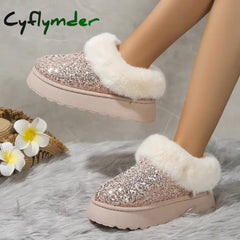 Cyflymder Ankle Snow Boots Women Winter New Fashion Shiny Fur Short Plush Warm Flats Slippers Platform Shoes Indoor