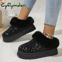 Cyflymder Ankle Snow Boots Women Winter New Fashion Shiny Fur Short Plush Warm Flats Slippers Platform Shoes Indoor