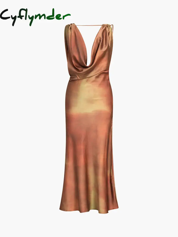 Cyflymder - Aperol Spritz Cowl Neck Satin Midi Dress Multicolor / Xs Dresses