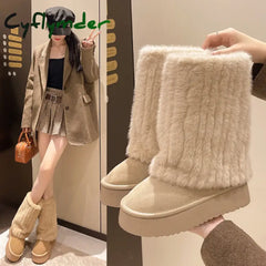 Cyflymder apres ski outfits Women’s Winter Snow Boots Outdoor Luxury Furry Faux Fox Fur Boots Woman Plush Warm Platform