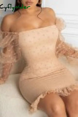 Cyflymder - Apricot Sexy Casual Dot Patchwork Backless Off The Shoulder Long Sleeve Dresses / S