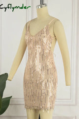 Cyflymder - Apricot Sexy Solid Tassel Sequins Patchwork Spaghetti Strap Sling Dress Dresses