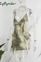 Cyflymder - Apricot Street Tie Dye Tassel Patchwork Backless One Step Skirt Dresses