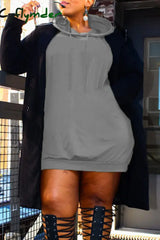 Cyflymder - Army Green Casual Solid Patchwork Hooded Collar Long Sleeve Dresses