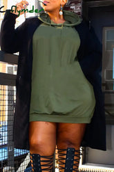 Cyflymder - Army Green Casual Solid Patchwork Hooded Collar Long Sleeve Dresses