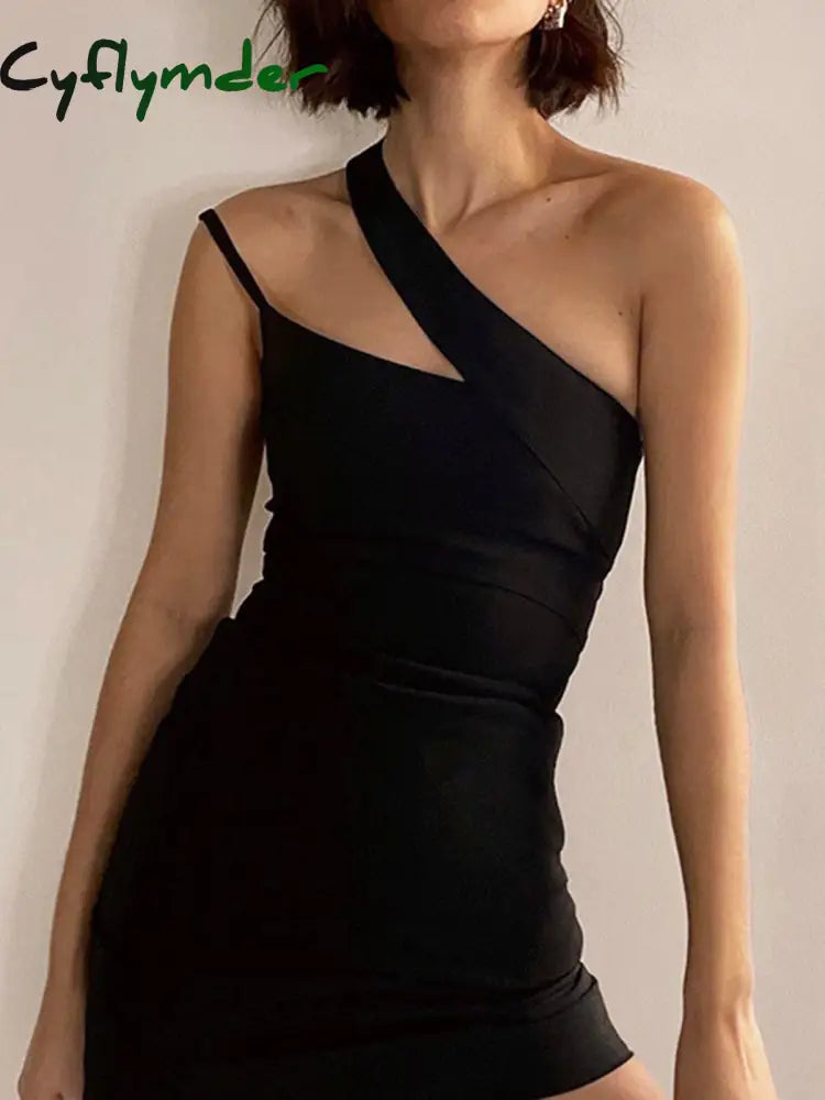 Cyflymder - Asymmetric Halter Bodycon Short Dress Black / S Dresses