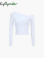 Cyflymder - Asymmetric Off Shoulder Rib Long Sleeve Top Knit Tops