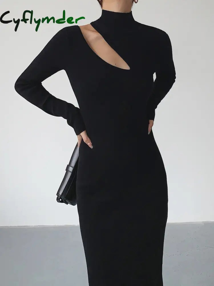 Cyflymder - Asymmetrical Cutout Mockneck Knit Midi Dress Black / Xs Sweater Dresses