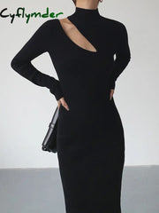 Cyflymder - Asymmetrical Cutout Mockneck Knit Midi Dress Black / Xs Sweater Dresses