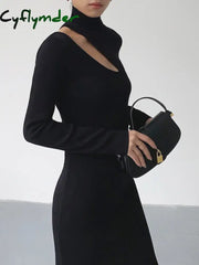 Cyflymder - Asymmetrical Cutout Mockneck Knit Midi Dress Sweater Dresses