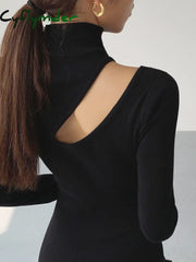 Cyflymder - Asymmetrical Cutout Mockneck Knit Midi Dress Sweater Dresses