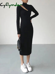 Cyflymder - Asymmetrical Cutout Mockneck Knit Midi Dress Sweater Dresses