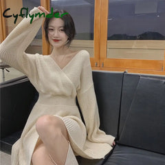 Cyflymder Atumn Knitted Dress Women Long Sleeve V-Neck Sexy Pure Color Elegant Sweater Mini Dress Female Party One